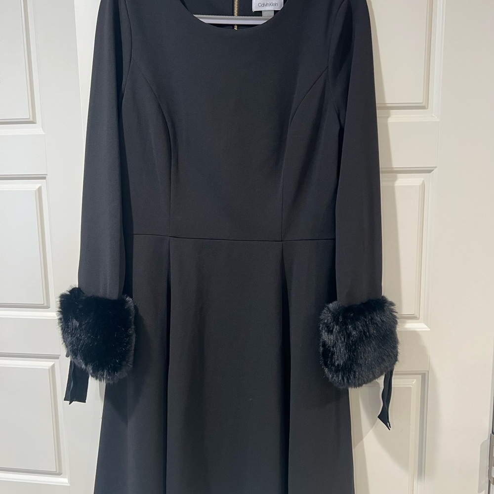 Calvin Klein Black Dress with Faux Fur Cuffs